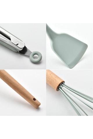 9 Parça Mutfak Aletleri Seti Silikon Mutfak Gereçleri Seti Ahşap Saplı Pişirme Seti Şef Yapışmaz Pişirme Eşyaları Mutfak Aletleri Yeşil