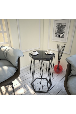 Cetrus Siyah Mermer Yan Sehpa & Servis Sehpası Metal Royal