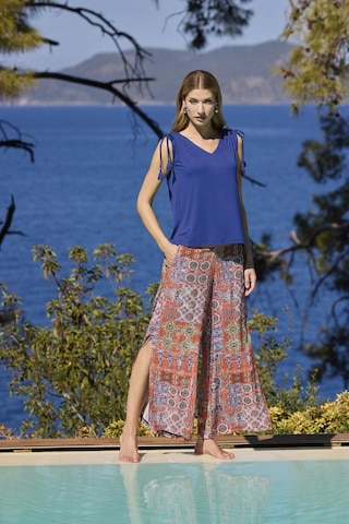 Monamise Kadın Etnik Desenli Yırtmaçlı V Yaka Askılı Alt Üst Takım 25029 Saks