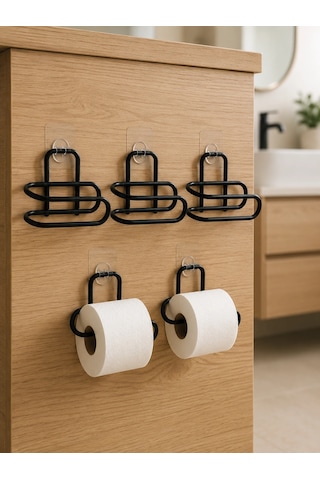 Delmeden Monte Tuvalet Kağıdı Askısı Siyah Metal Yapışkanlı Banyo Kağıtlığı 5 Li Set Çok Renkli