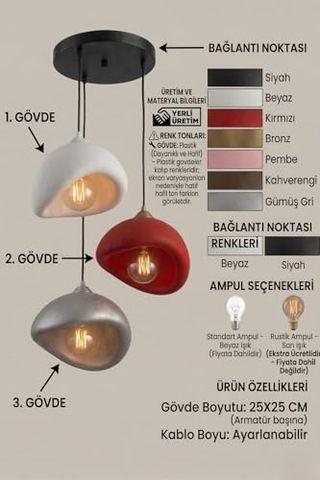 Üçlü Avize Salon Mutfak Pla Malzeme Sarkıt Aydınlatma Renkli Modern Dekoratif Tasarım Gümüş, Bronz, Kırmızı Çok Renkli