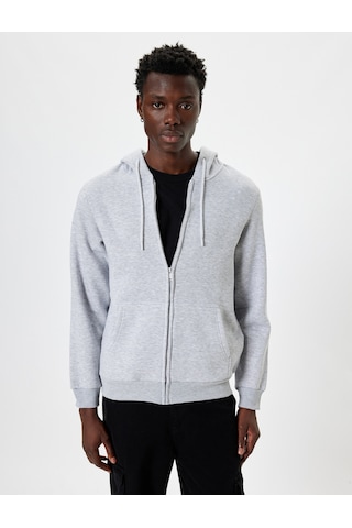 Koton Fermuarlı Sweatshirt Kapşonlu Cep Detaylı Pamuk Karışımlı Gri 5wam70016mk Gri
