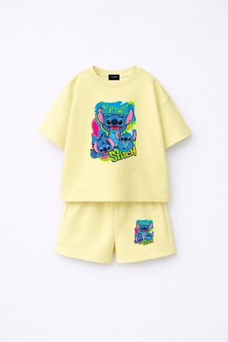 Fasardi Stitch Ön Arka Baskılı Oversize %100 Pamuk Tişört Şort Çocuk 2li Takım Limon