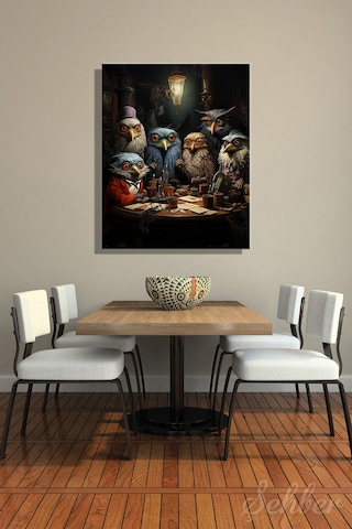 Kanvas Tablo Dikey Tekli Ev Kafe Ofis Masa Başında Steampunk Tarzında Giyinmiş Baykuşlar 2283