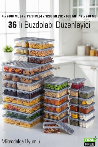 36'lı Set Buzdolabı Ve Difriz Düzenleyici Saklama Kabı Seti Dolap İçi Düzen Bpa Free Mikrodalga Antrasit Kapak