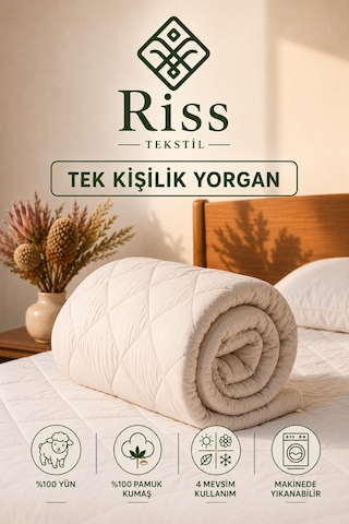 Riss Tekstil Tek Kişilik %100 Kuzu Yünü Yorgan 155 X 215 CM 3000 GR Beyaz