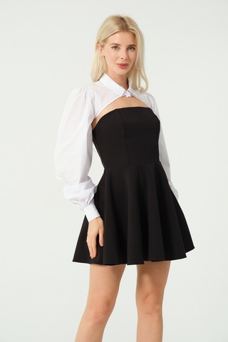 Kolluk Detay Mini Kloş Elbise Siyah Beyaz