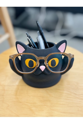 Kedi Tasarımlı Gözlük Ve Kalemlik Standı Çok Amaçlı Masaüstü Organizer 17x12x12cm Siyah
