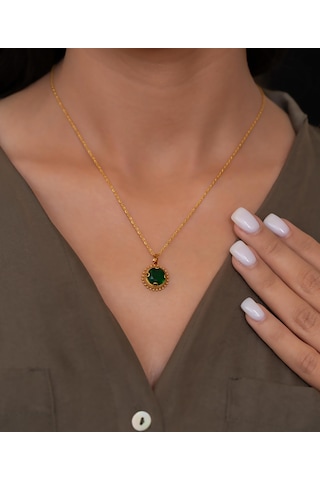 Bayar Gold 14 Ayar Altın Yeşil Güneş Taşlı Kolye Sarı Altın