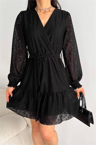 Neşeli Butik Kadın Siyah Kruvaze Kuşaklı Mini Elbise Nbk2026 Siyah