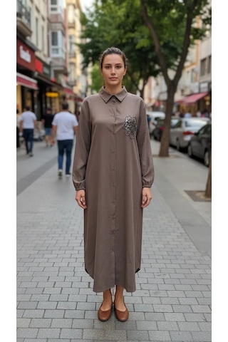 Puane Taş Detaylı Uzun Gömlek Tunik- 10797 Kahve Siyah