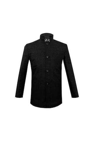 Süvari Rahat Kalıp Hakim Yaka Armürlü Yünlü Siyah Kaban Siyah