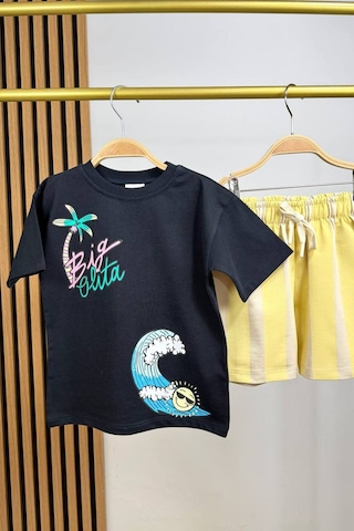 Monila Erkek Çocuk Pamuklu Bisiklet Yaka Baskılı T-shirt Ve Şort Alt Üst Takım Antrasit