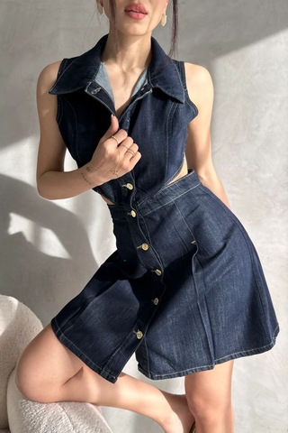 Nido Moda Kadın Yaka Detaylı Cut-out Mini Denim Elbise Lacivert
