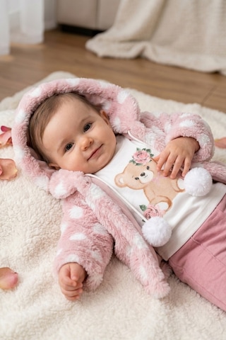 Ahengim Minik Ayıcık Baskılı Puanlı Yumuşak Dokulu Peluş Montlu 3 Lü Kız Bebek Set Takım Ak8534 Gül Kurusu