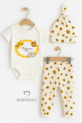 Babyden's Dayısının Balı Yazılı 3 Lü Bebek Takımı Pamuklu Kısa Kollu Çıtçıtlı Body, Arı Desenli Pantolon,bere Set Unisex Ekru