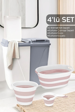 4'lü Set - 90 Lt Bölmeli Kirli Çamaşır Sepeti Katlanabilir Sepet Akordiyon Su Kovası Maşrapa Pembe Pembe