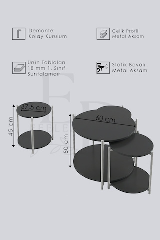 Zigon Ve Orta Sehpa 4'lü Takım , Metal Ayaklı , Daisy 3+1 Sehpa Traverten