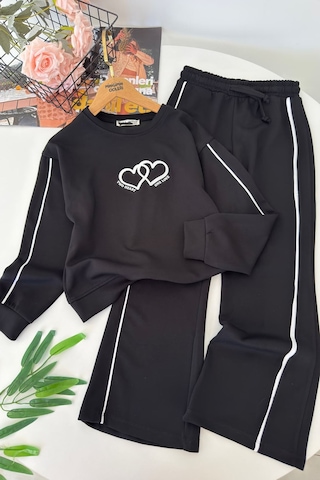Minigimin Cicileri Two Hearts Şerit Detaylı Kız Çocuk Eşofman Takımı - Siyah