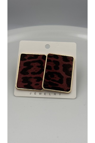 Leopar Desen Dikdörtgen Küpe Bordo