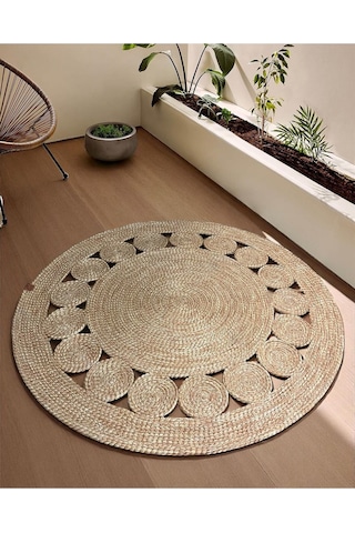 1 Adet Yuvarlak Parçalı Jüt Görünümlü Kilim 100 Cm Kahverengi