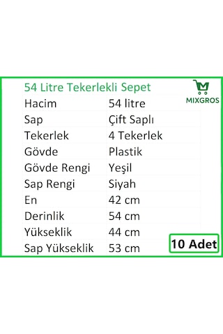 Tekerlekli Plastik Market Alışveriş El Sepeti 54 Litre Yeşil 10 Adet
