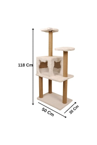 Pribor Üç Katlı Yuvalı Lüx Kedi Tırmalama Platformu Ve Kedi Oyun Evi Beyaz 118 Cm