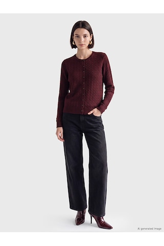 Lcw Modest Bordo Saç Örgüsü Desenli Kadın Triko Hırka