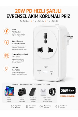 2500w Akım Korumalı Priz 1 Soket 1 Usb 1 Type-c Evrensel Çoklu Priz Şarj Adaptörü Güç Koruyucu Tv 0