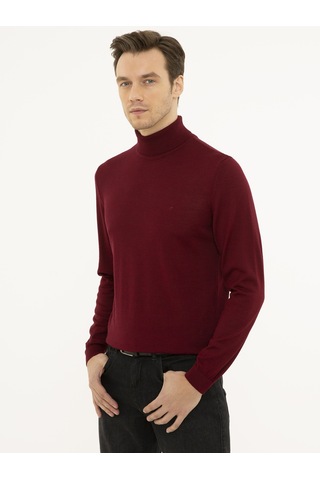 Cacharel Bordo Slim Fit Balıkçı Yaka Basic Triko Kazak Kırmızı