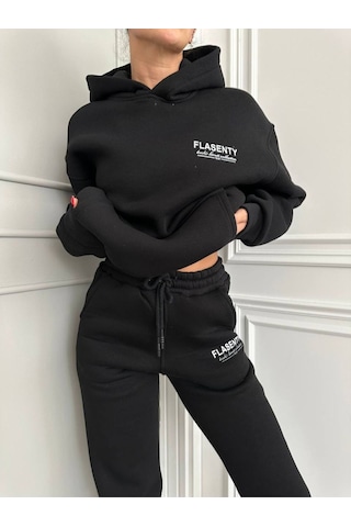 Harmandar Flasenty Kışlık Alt Üst Takımı Sweatshirt Eşofman Altı - Siyah Baskılı Oversize Kapüşonlu Siyah