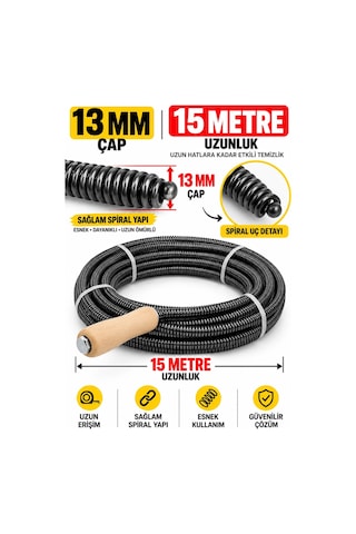 13 Mm X 15 Metre Spiral Kanal Açıcı Ahşap Saplı Manuel Gider Açma Teli, Uzun Erişimli Tesisat Spir