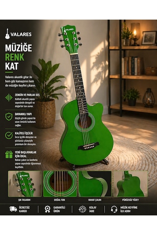 Valares 38c Kesik Kasa Yeşil Akustik Gitar 38 İnç 4/4 Yetişkin Üst Segment Full Setli Askı + Capo + Tuner + Pena + Tel + Temizleme Bezi