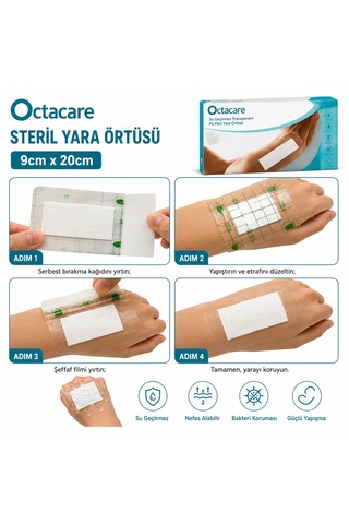 Octacare Su Geçirmez Pedli Şeffaf Pu Film Steril Yara Örtüsü 9cm 20cm 50 Adet