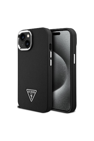 Apple Uyumlu iPhone 14 Kılıf Guess Lisanslı M-safe Şarj Özellikli Grained Triangle Kapak Siyah
