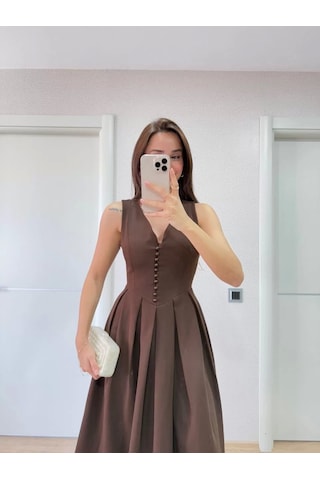 V Yaka Krep Arka Ön Pens Detaylı Uzun Kolsuz Elbise- Kahverengi Kahverengi