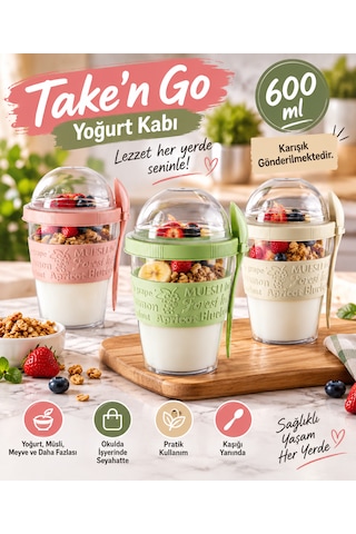 Kapaklı Kaşıklı Hazırla Ve Çık Meyveli Yoğurt Kabı 600 Ml Çok Renkli