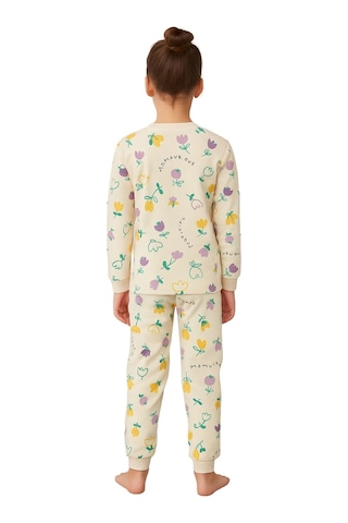 Magnifi Ove Yazılı Lale Baskılı Kız Çocuk Pijama Takımı Ekru