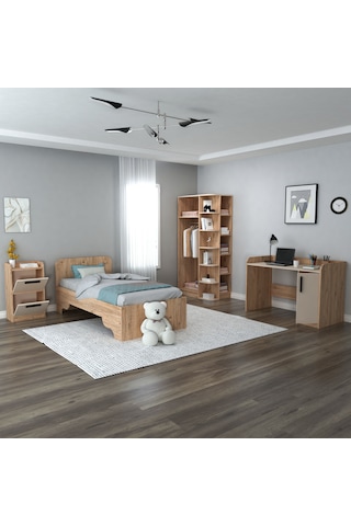 Luses Genç Odası Takımı, Çalışma Masası, Gardırop, Komodin, Karyola - 4'lü Takım, Atlantik Çam Bej Atlantik Çam Bej