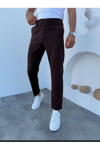 Erkek Kahverengi Kaliteli Esnek Likralı Bilek Boy Kumaş Pantolon Kahverengi