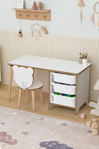 Çocuk Oyun Aktivite Masası 90x45 Cm 3 Sepetli Çocuk Çalışma Masası Arkalıklı Sandalye - Panda Çok Renkli