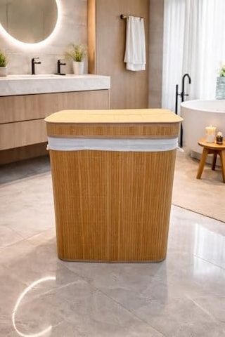 Lüks Bambu 3 Bölmeli Çamaşır Kirli Sepeti 52x32x60cm Büyük Boy 100 Lt Sarı Çok Renkli