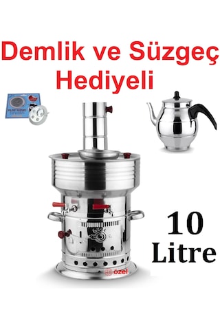 10 Litre Paslanmaz Metal Odunlu Kömürlü Çay Semaveri Büyük Çift Musluklu Demlik Hediyeli Semaver 10