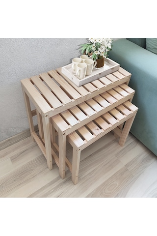 Zigon Sehpa Doğal Ahşap 3 Lü Sehpa Seti