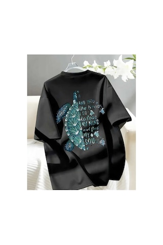 Panda Baskı Tekstil Kaplumbağa Baskılı Özel Tasarım Oversize Tshirt Siyah