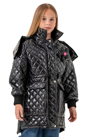 Kız Çocuk Kapitone Model Kapüşonu Çıkabilen İçi Astarlı Etek Kısmı Fermuarlı Parlak Siyah Renk Mont Siyah