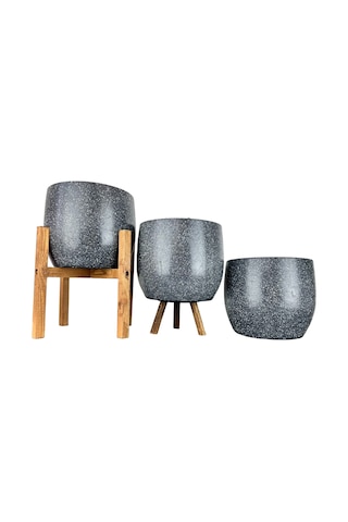 Bitki Tasarımı Ev Dekorasyon Aksesuar Gri Granit Toprak Saksı Saksılık Salon Çiçeklik Üçlü Set- 19 CM