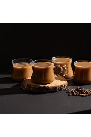 Porsima Pbt-706 Borosilikat Isıya Ateşe Dayanıklı Cam Kulplu 4 Lü Çay Bardağı Kahve Bardak Seti Kupa Şeffaf 250ml Şeffaf