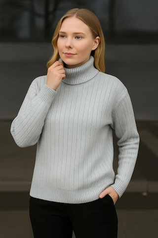 Kadın Balıkcı Yaka Bağazlı Triko Kazak Pamuklu Kalın Fitilli Dokuma - Gri Gri