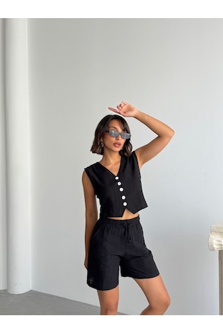 Kadın Keten Yelek Şort Alt Üst Takım Siyah